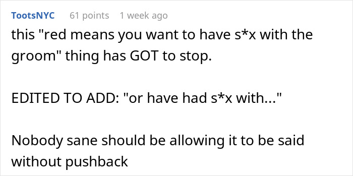 Text message conversation expressing frustration about the stereotype linking red dresses to intentions with the groom at weddings. Text message conversation expressing frustration about the stereotype linking red dresses to intentions with the groom at weddings.