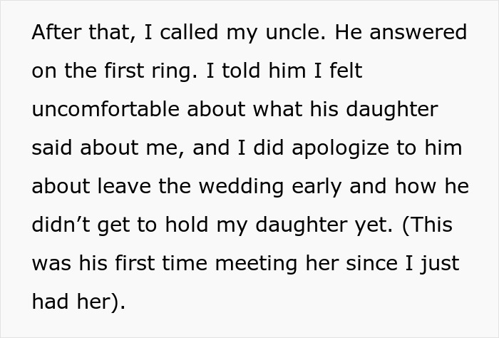 Text on a white background describing a phone call about feeling uncomfortable with a bride mad cousin dress wedding incident. Text on a white background describing a phone call about feeling uncomfortable with a bride mad cousin dress wedding incident.