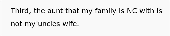 Text on a white background stating the aunt in the family is not the uncle's wife, related to bride mad cousin dress wedding. Text on a white background stating the aunt in the family is not the uncle's wife, related to bride mad cousin dress wedding.