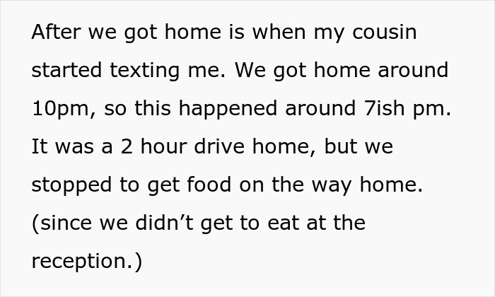 Text describing a bride mad at her cousin about a dress issue during a wedding, shared in a message format.