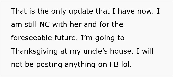 Text excerpt showing someone explaining they are no contact with their mad cousin and avoiding posts about a wedding dress.