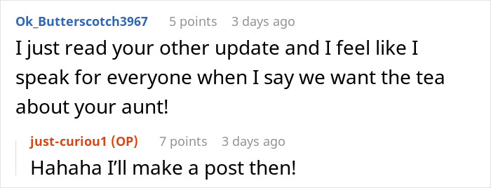 Screenshot of an online conversation about a bride mad at her cousin’s dress at the wedding, discussing family drama.