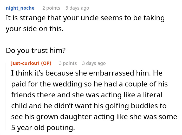 Online forum discussion about a bride mad at cousin's dress choice causing tension at a wedding event.