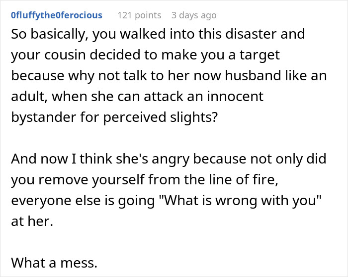 Text post discussing a bride mad at her cousin over a dress issue at a wedding, causing family tension. Text post discussing a bride mad at her cousin over a dress issue at a wedding, causing family tension.