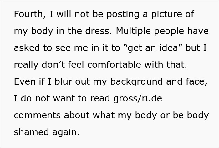 Text excerpt from a bride addressing concerns about sharing her dress photo due to cousin drama and body shaming at a wedding. Text excerpt from a bride addressing concerns about sharing her dress photo due to cousin drama and body shaming at a wedding.