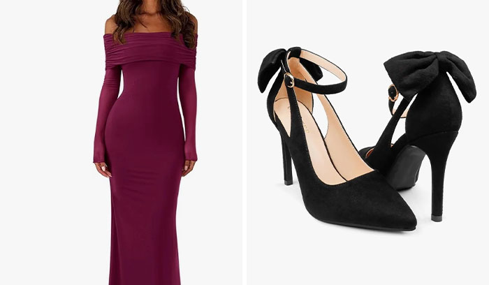 Off-shoulder long sleeve burgundy dress and black high heels with ankle straps and bow details for wedding guest style. Off-shoulder long sleeve burgundy dress and black high heels with ankle straps and bow details for wedding guest style.