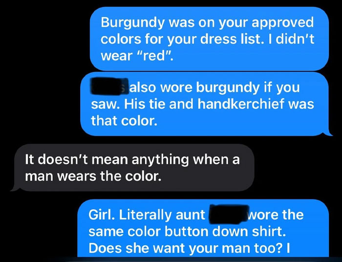 Text message exchange about dress colors causing tension, illustrating a bride mad at cousin over wedding dress color choice. Text message exchange about dress colors causing tension, illustrating a bride mad at cousin over wedding dress color choice.