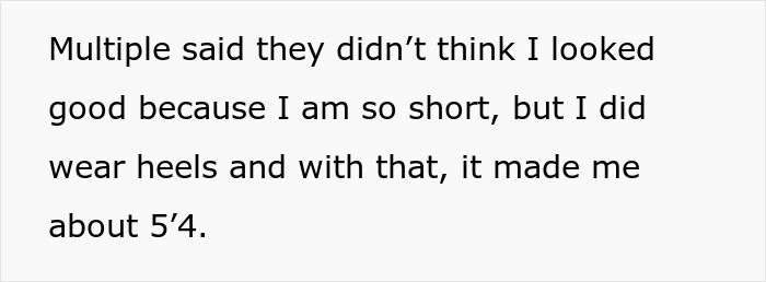 Text describing a bride mad cousin dress wedding expressing frustration about height and wearing heels to appear taller.