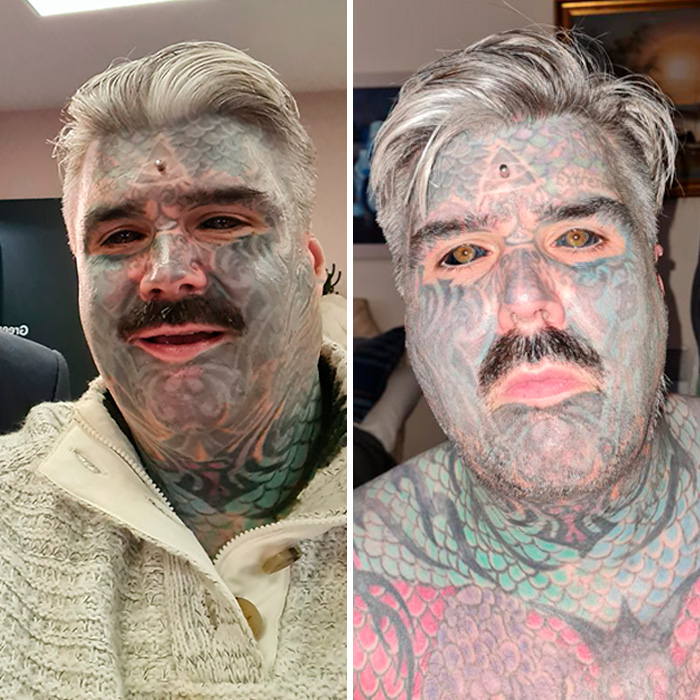 Man with extensive face and eyeball tattoos showing the dangerous process of eyeball tattooing and body modification. Man with extensive face and eyeball tattoos showing the dangerous process of eyeball tattooing and body modification.