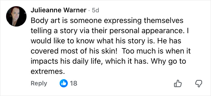 Comment on body art expressing personal stories, questioning the dangers of eyeball tattooing and its impact on daily life. Comment on body art expressing personal stories, questioning the dangers of eyeball tattooing and its impact on daily life.