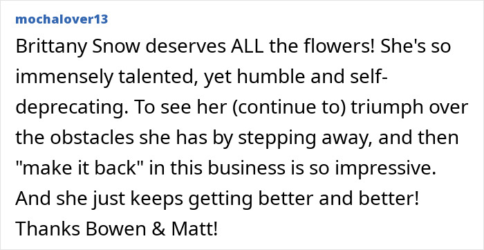 Comment praising Brittany Snow’s talent and resilience addressing Hollywood’s hidden age rule in adult scenes.