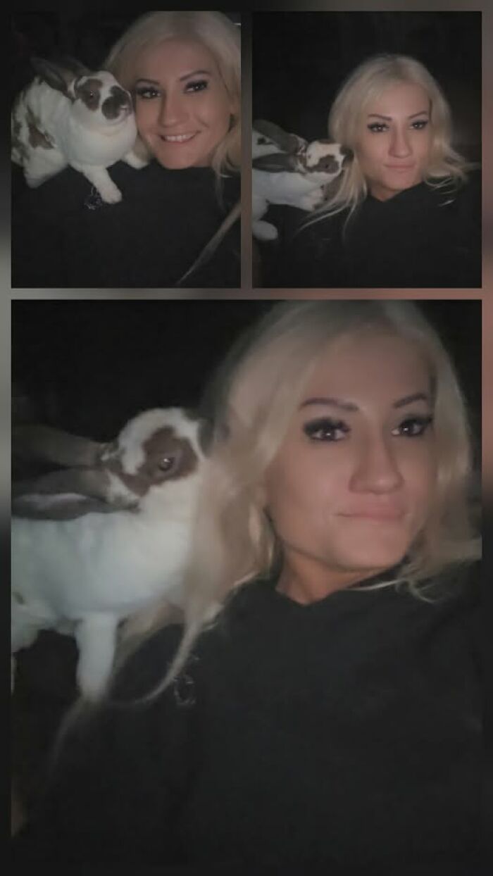 A woman with blonde hair smiling as a white and brown rabbit nuzzles and interacts with her in multiple close-up photos.