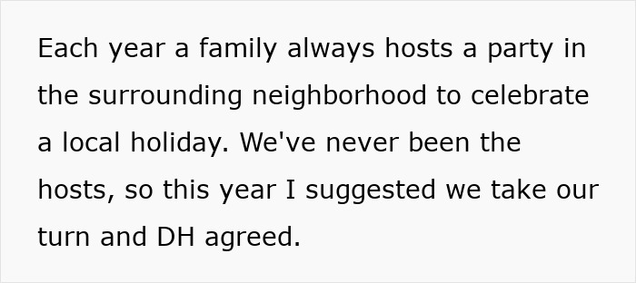 Text on a white background reading Each year a family always hosts a party in the surrounding neighborhood to celebrate a local holiday. Text on a white background reading Each year a family always hosts a party in the surrounding neighborhood to celebrate a local holiday.