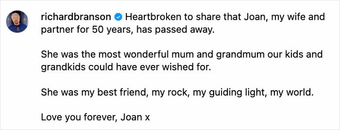 Richard Branson sharing a heartbreaking statement on the passing of his wife Joan, expressing love and loss. Richard Branson sharing a heartbreaking statement on the passing of his wife Joan, expressing love and loss.