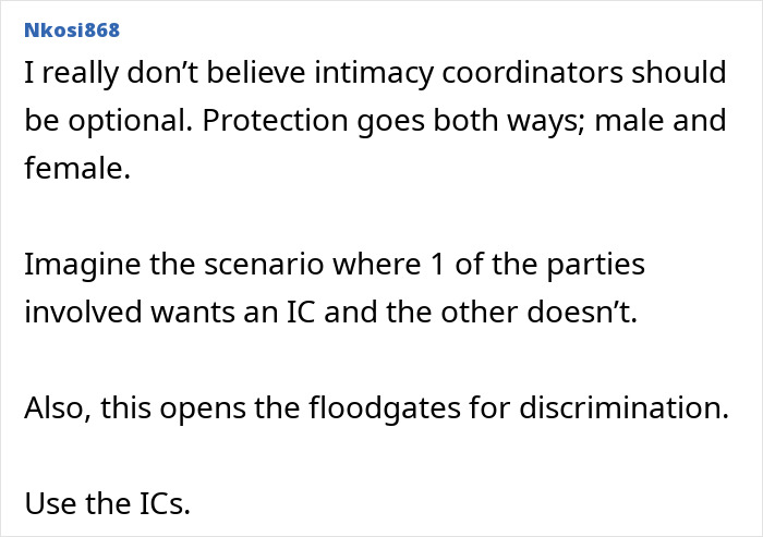 Text excerpt discussing intimacy coordinators and the dynamics between male and female actors on set, addressing discrimination concerns. Text excerpt discussing intimacy coordinators and the dynamics between male and female actors on set, addressing discrimination concerns.
