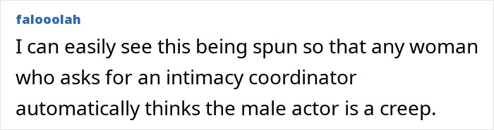 Text post by user falooolah discussing intimacy coordinators and perceptions of male actors related to Jennifer Lawrence’s confession. Text post by user falooolah discussing intimacy coordinators and perceptions of male actors related to Jennifer Lawrence’s confession.