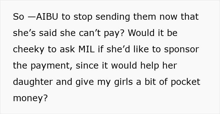 Text excerpt discussing pregnant SIL paying nieces to help out, and mom stopping sending them after money stops coming.