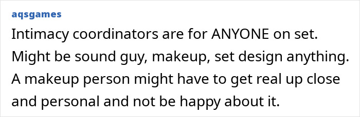 Text post discussing the role of intimacy coordinators on set to ensure safety and comfort during close scenes. Text post discussing the role of intimacy coordinators on set to ensure safety and comfort during close scenes.