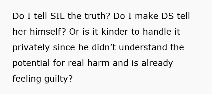 Alt text: Text asking about telling the truth regarding a teen’s sprain and c*****d ribs during a family visit. Alt text: Text asking about telling the truth regarding a teen’s sprain and c*****d ribs during a family visit.