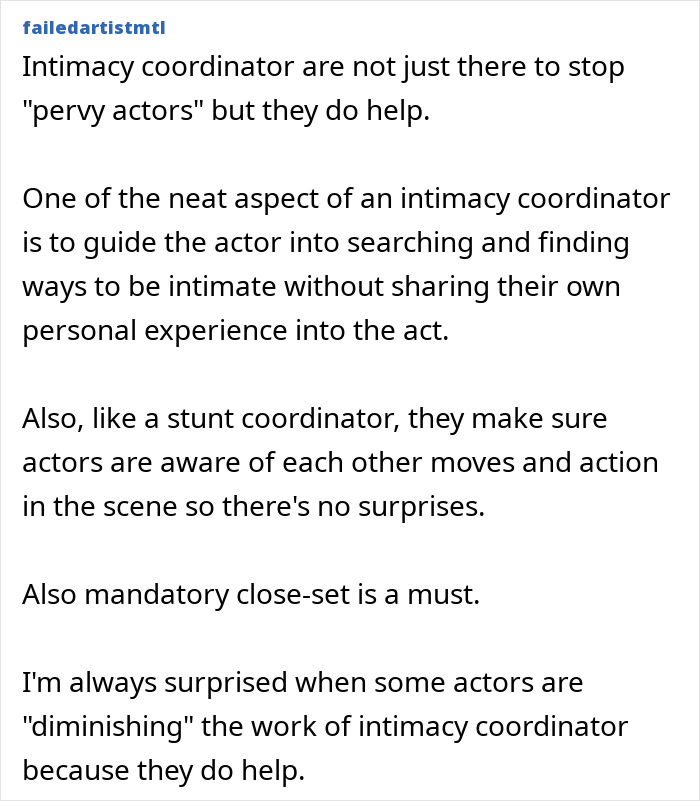Text post discussing the role of intimacy coordinators in protecting actors from male co-stars’ misconduct on set. Text post discussing the role of intimacy coordinators in protecting actors from male co-stars’ misconduct on set.