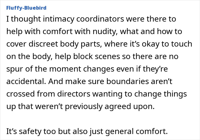 Alt text: Excerpt discussing intimacy coordinators' role in ensuring comfort and safety during scenes involving nudity and boundaries. Alt text: Excerpt discussing intimacy coordinators' role in ensuring comfort and safety during scenes involving nudity and boundaries.