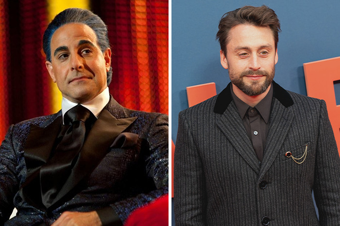 Side-by-side image of iconic Hunger Games characters and actors from the new film in contrasting formal outfits.