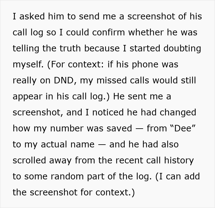 Screenshot of a call log showing altered contact name and suspicious call history during a man’s suspicious work trip. Screenshot of a call log showing altered contact name and suspicious call history during a man’s suspicious work trip.