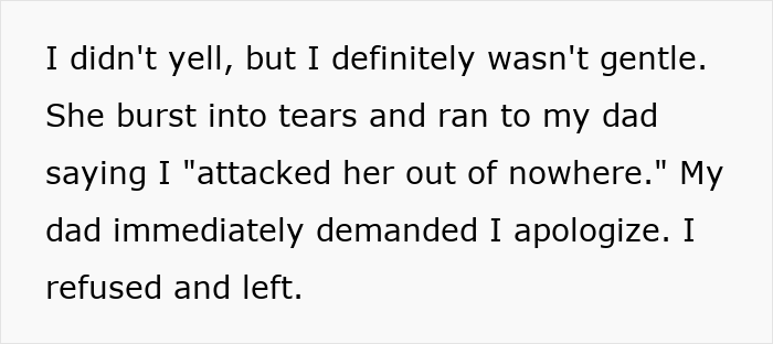 Text excerpt about Thanksgiving turns ugly after woman comments on stepdaughter’s sexuality, showing a tense family conflict. Text excerpt about Thanksgiving turns ugly after woman comments on stepdaughter’s sexuality, showing a tense family conflict.