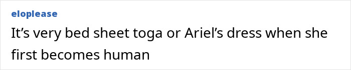 Comment describing Jennifer Lawrence’s diaper dress as a bed sheet toga or Ariel’s dress from when she first becomes human, mocking the outfit. Comment describing Jennifer Lawrence’s diaper dress as a bed sheet toga or Ariel’s dress from when she first becomes human, mocking the outfit.