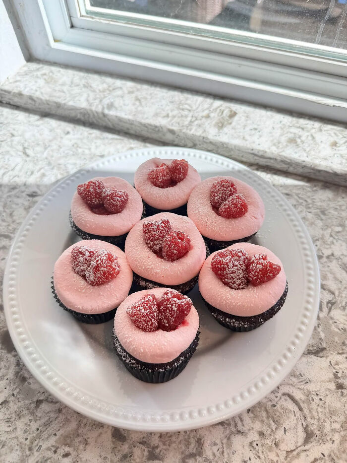 Seven chocolate cupcakes with pink frosting and raspberries on top, showcasing gorgeous baked goods on a white plate.