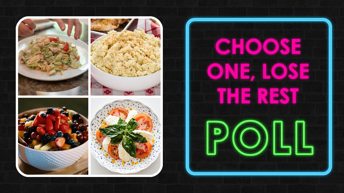 Collage of various food dishes and neon sign reading choose one lose the rest poll for tough to traverse scenarios.
