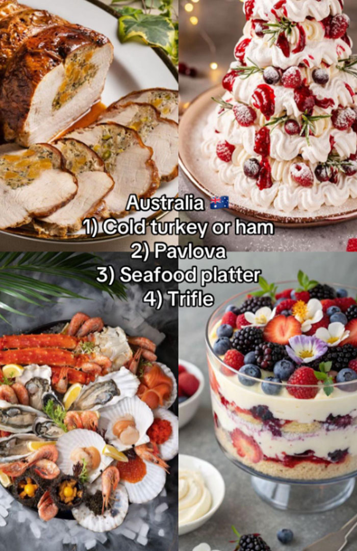 Australian Christmas dinner featuring cold turkey, pavlova, seafood platter, and berry trifle desserts from worldwide holiday meals.