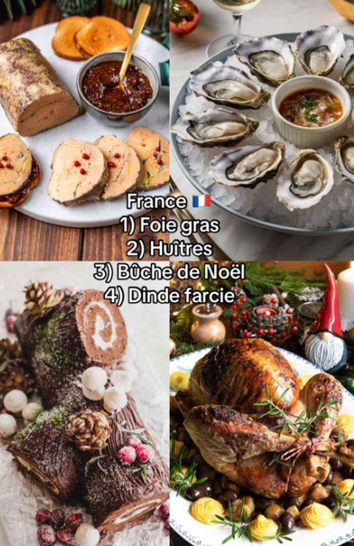 French Christmas dinner dishes including foie gras, oysters, Bûche de Noël cake, and stuffed turkey on festive table.