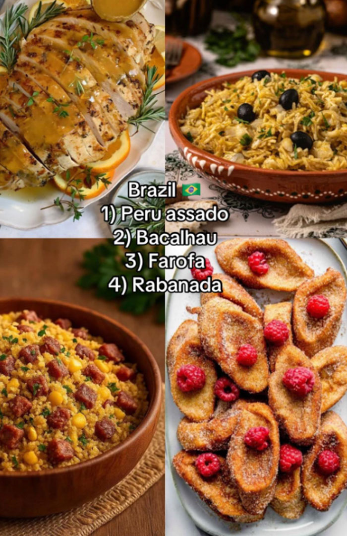 Brazilian Christmas dinner dishes including roasted turkey with sauce, codfish rice, farofa, and sweet rabanada with raspberries.