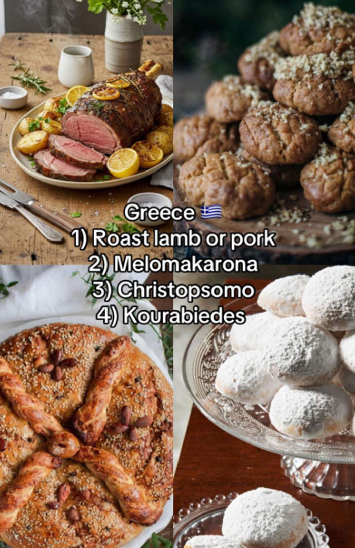 Greek Christmas dinner featuring roast lamb, traditional desserts melomakarona, christopsomo, and kourabiedes on wooden table.