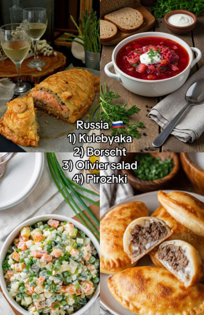 Traditional Russian Christmas dinner dishes including Kulebyaka, Borscht, Olivier salad, and Pirozhki on a rustic table setting.