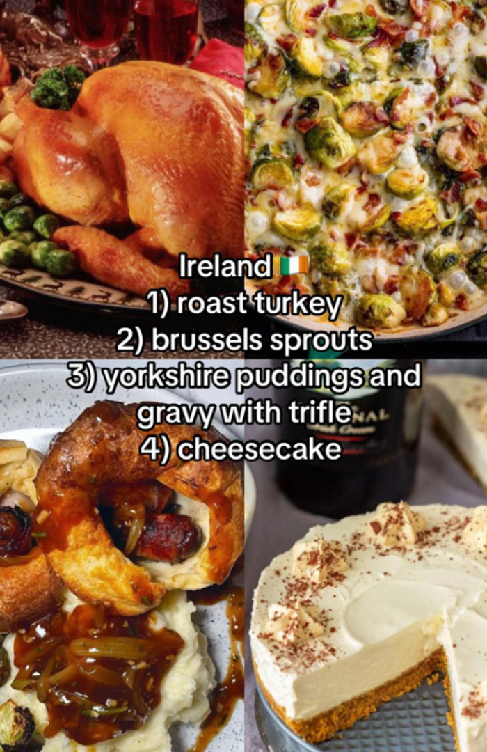 Traditional Irish Christmas dinner with roast turkey, Brussels sprouts, Yorkshire puddings, gravy, trifle, and cheesecake dessert.