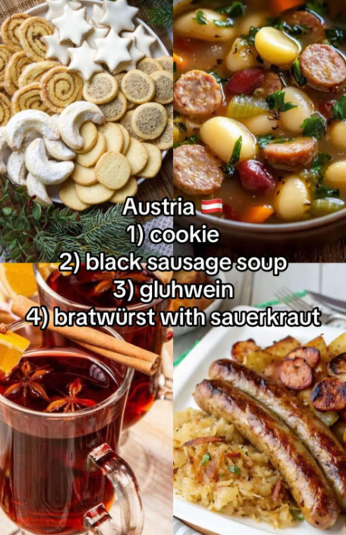 Traditional Austrian Christmas dinner featuring cookies, black sausage soup, gluhwein, and bratwurst with sauerkraut.
