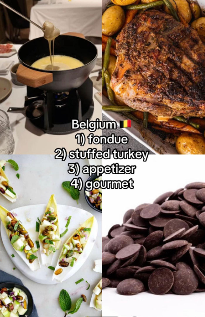 Belgium Christmas dinners featuring fondue, stuffed turkey, gourmet appetizers, and chocolate for festive meals worldwide.