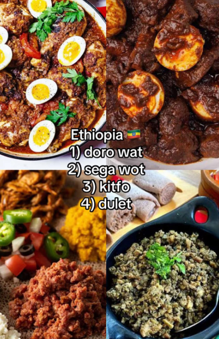 Ethiopian Christmas dinners including doro wat, sega wot, kitfo, and dulet with traditional spices and sides.
