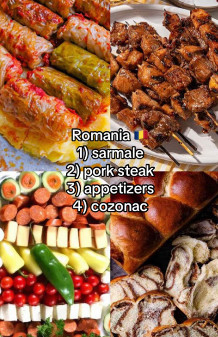 Romanian Christmas dinner featuring sarma, pork steak, appetizers, and traditional cozonac bread and pastries.