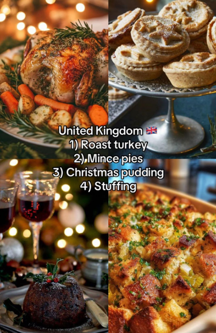 United Kingdom Christmas dinner featuring roast turkey, mince pies, Christmas pudding, and stuffing with festive decorations.