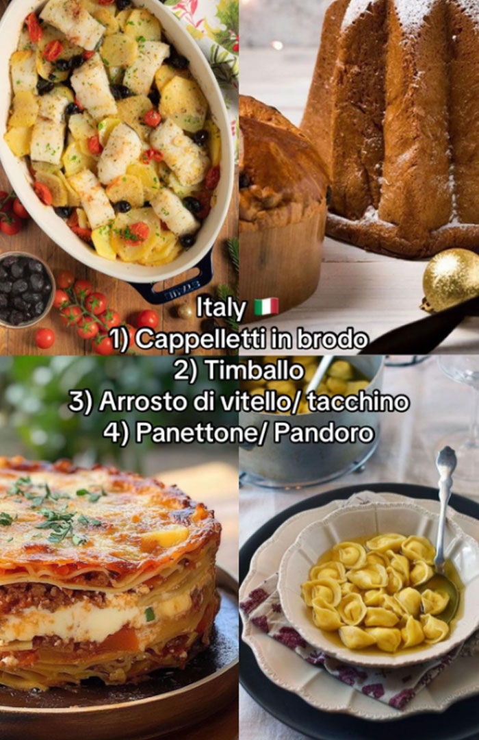 Italian Christmas dinner dishes including Cappelletti in brodo, Timballo, roasted meats, and Panettone or Pandoro desserts.
