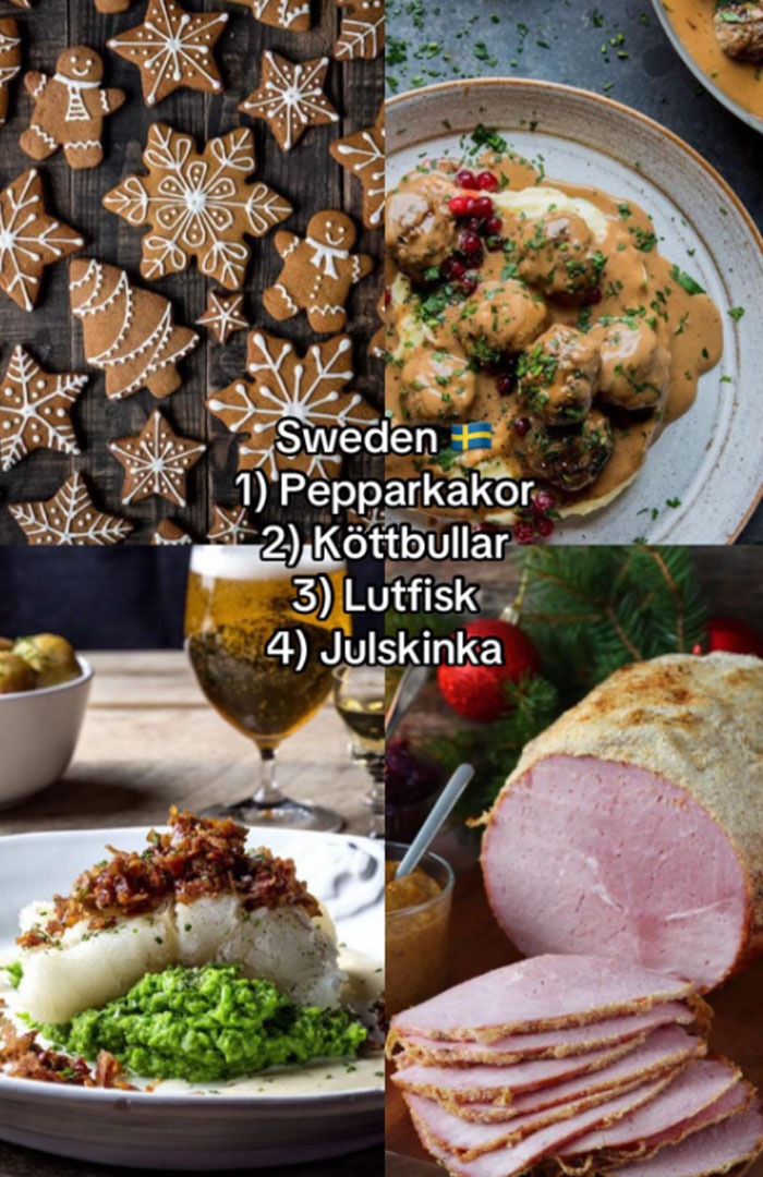 Traditional Swedish Christmas dinner foods including pepparkakor, köttbullar, lutfisk, and julskinka with festive decor.