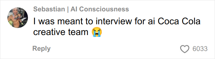 Man sharing a message about AI and Coca-Cola creative team with crying emoji, highlighting AI challenges in commercials.