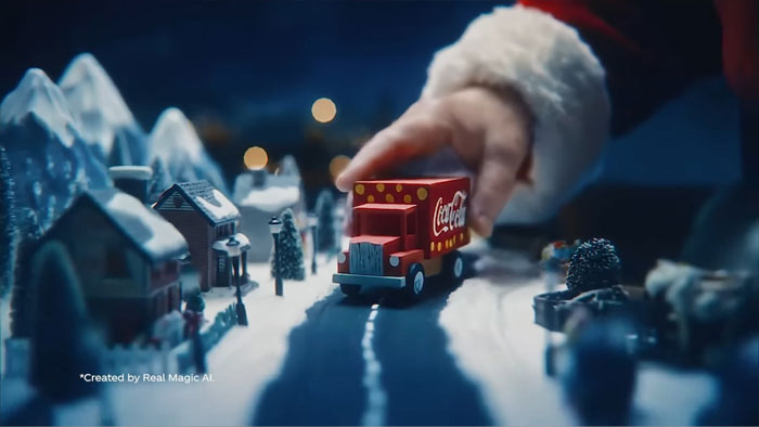 Santa Claus’s hand moves a Coca-Cola truck through a snowy miniature village in a holiday commercial featuring AI elements.