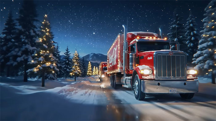 Red Coca-Cola trucks driving through snowy forest decorated with Christmas lights, showcasing holiday commercial scene.