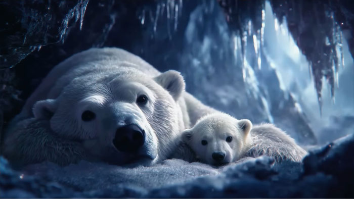 Polar bears resting inside an icy cave featured in Coca-Cola’s holiday commercial exploring AI and creativity themes.