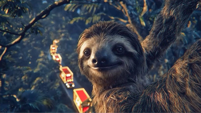 Animated sloth smiling with a forest background and trucks, related to Coca-Cola holiday commercial and AI prompts.