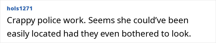 Comment text displayed on a white background criticizing police work related to a missing woman’s body discovered in a garage case.